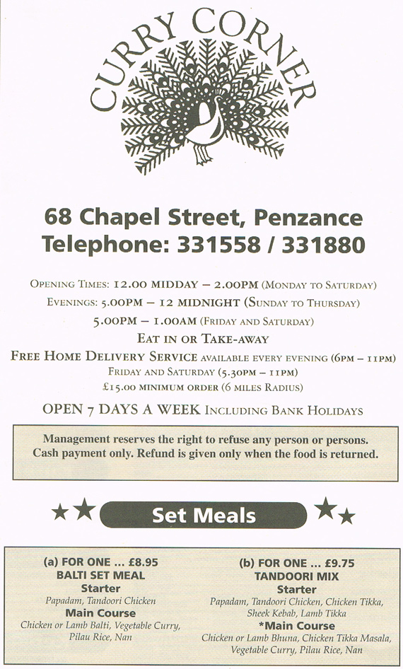curry corner penzance takeaway menu